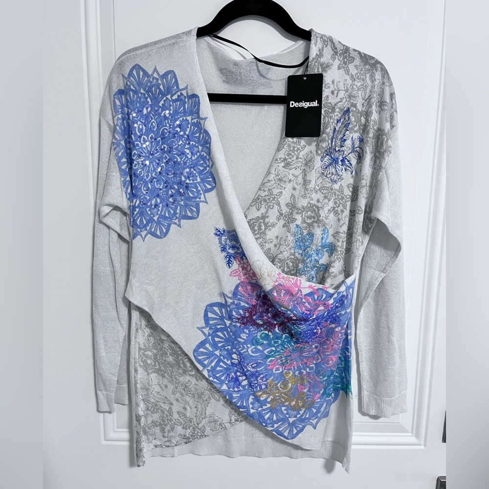 NWT - Desigual Women’s Sheer Mesh V Neck Sequin Metallic Knit Sweater - Size L